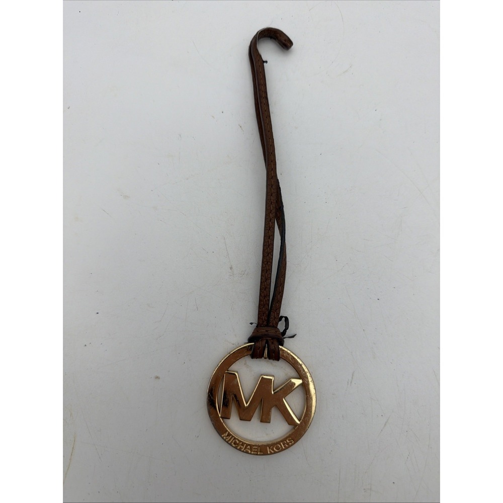 MICHAEL KORS Gold Tone Logo Hang Tag Purse Charm Brown Leather